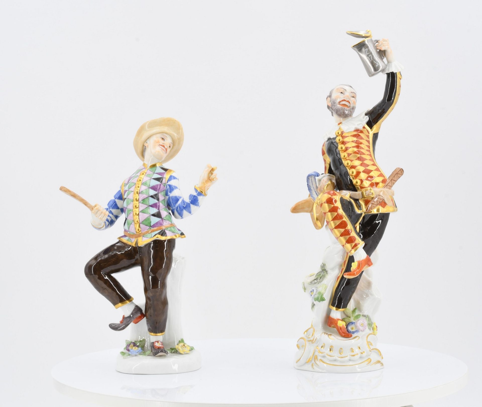 Harlequin with jug and Harlequin with slapstick from the Commedia dell'Arte - Image 2 of 6