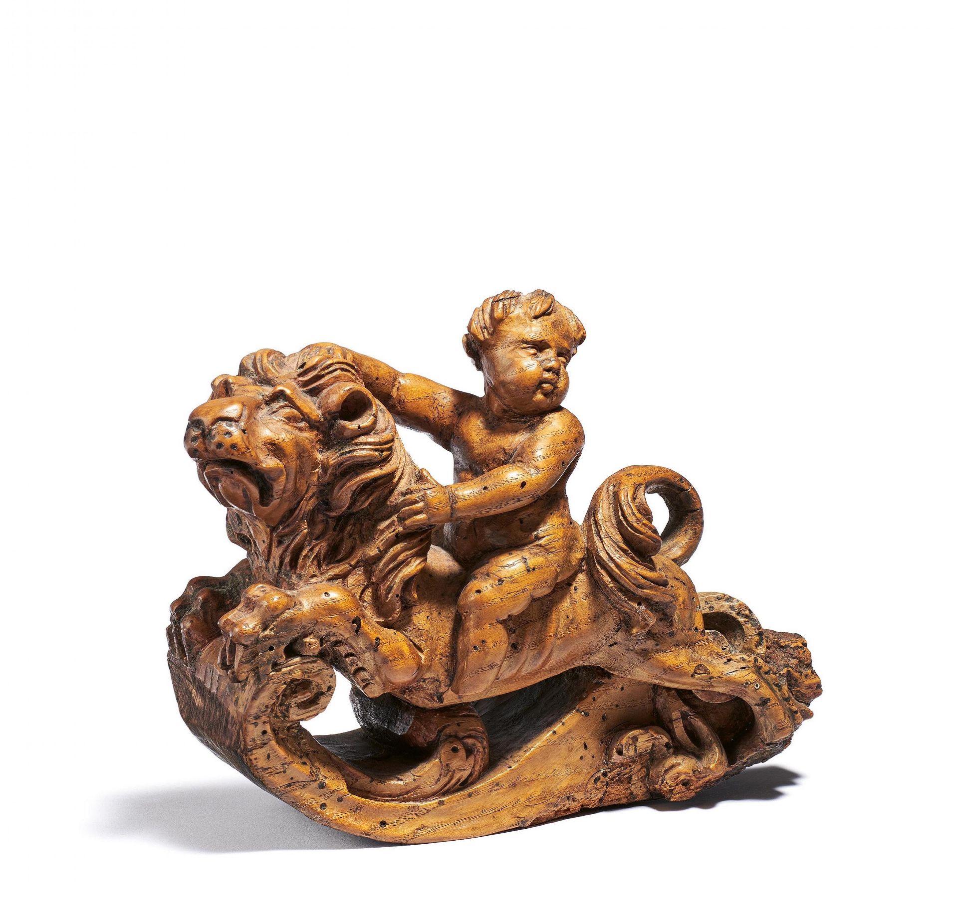 Small putto riding on lion