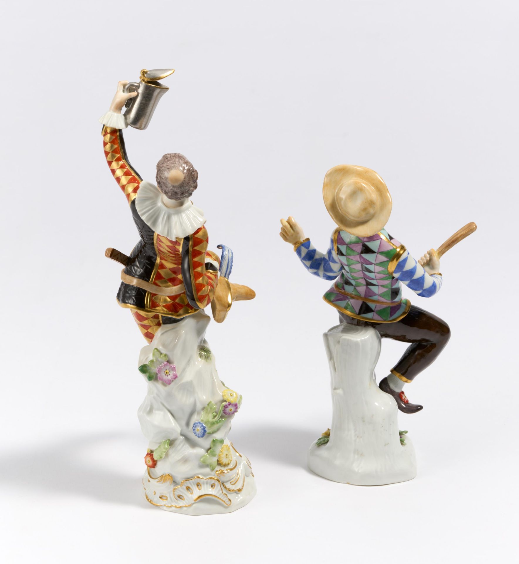 Harlequin with jug and Harlequin with slapstick from the Commedia dell'Arte - Image 4 of 6
