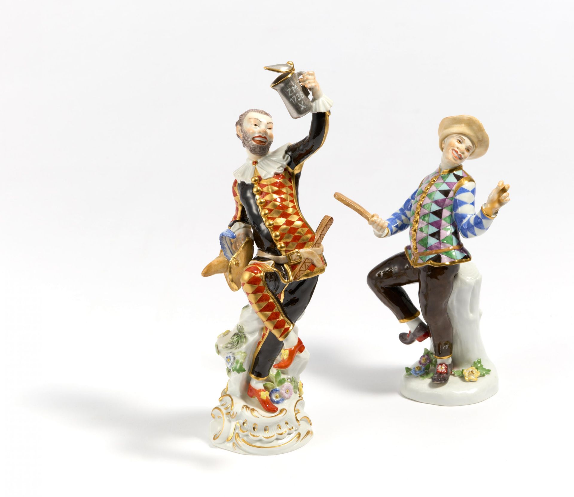 Harlequin with jug and Harlequin with slapstick from the Commedia dell'Arte