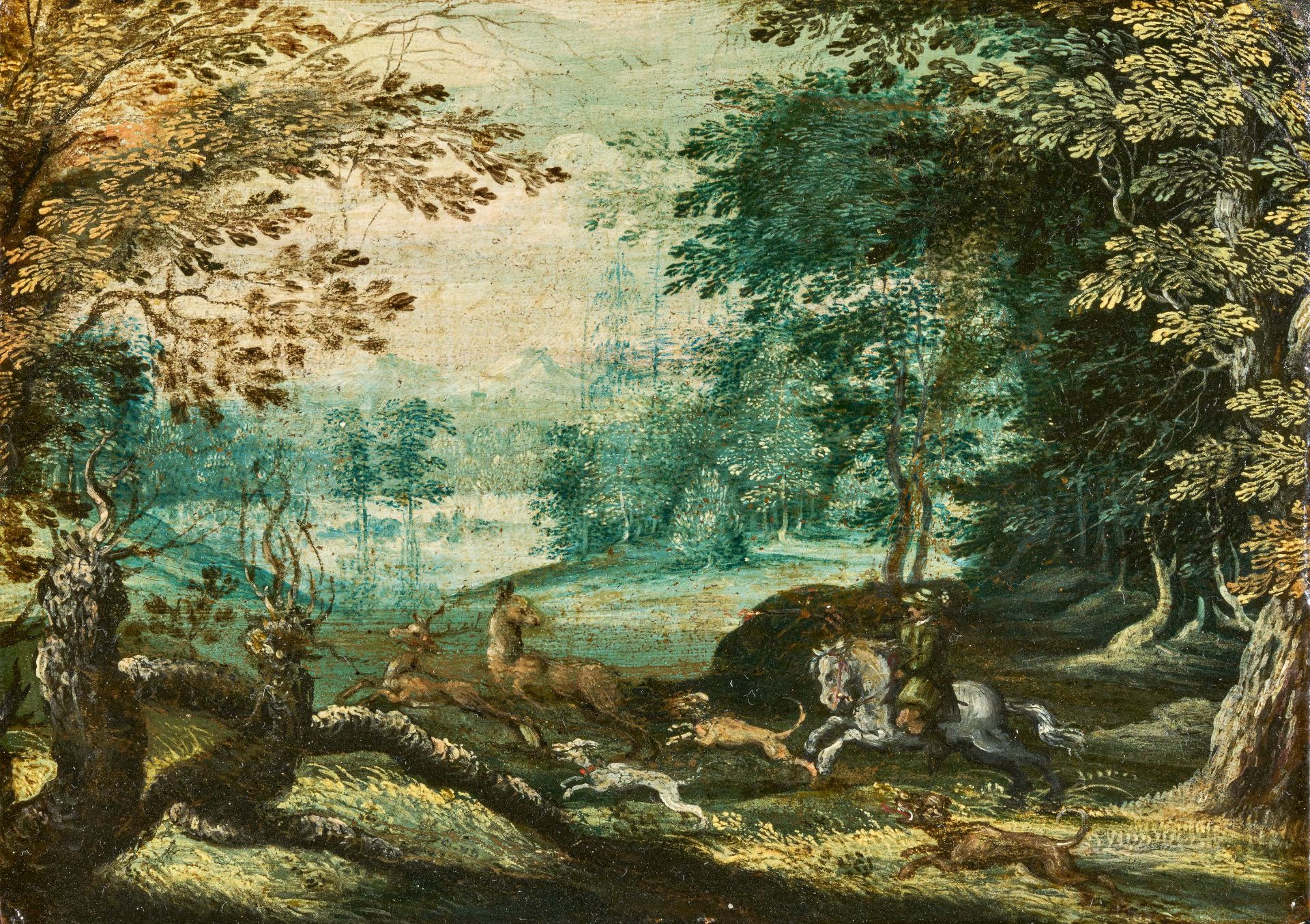 Flemish School. Forest Landscape with Stag Hunt