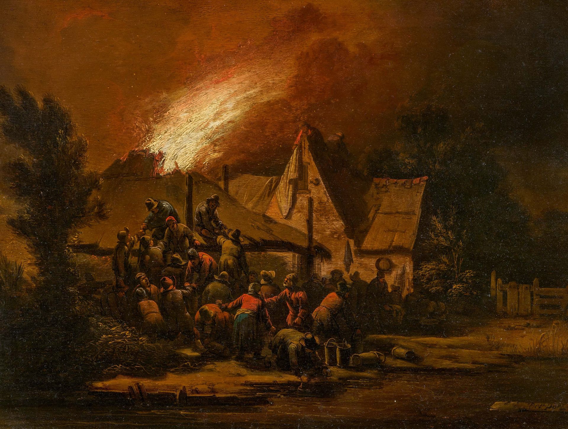Egbert Lievensz. van der Poel. Farmers Extinguishing a Barn Fire at Night