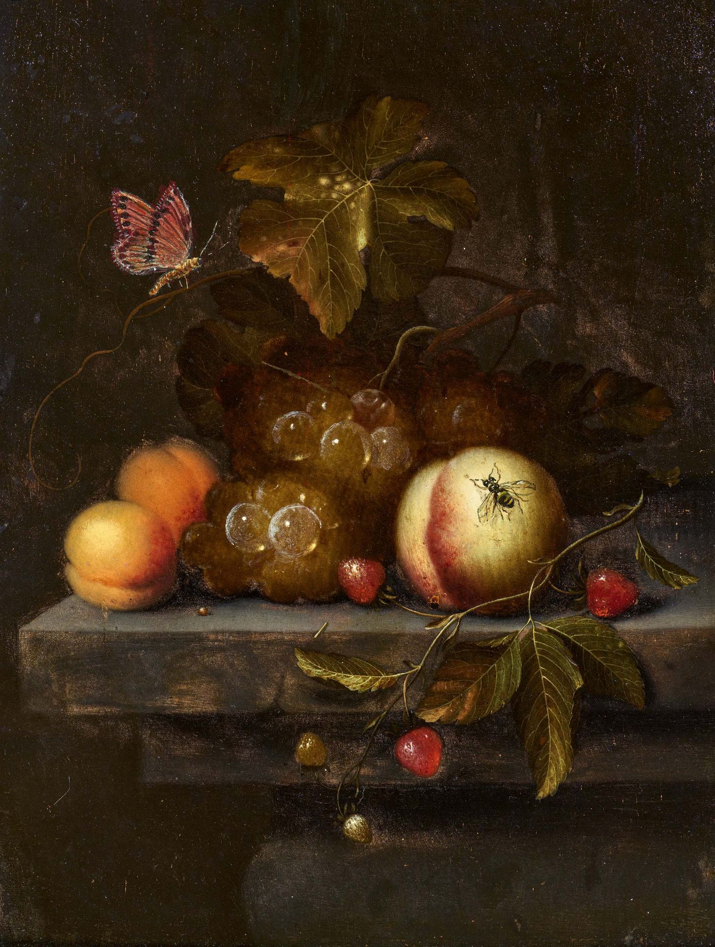 Johannes Borman. Still Life with Grapes, Peaches and a Cherry Branch Lying on a Parapet
