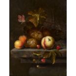 Johannes Borman: Stillleben mit Weintrauben, Pfirsichen und einem Kirschzweig liegend auf einer Brüs