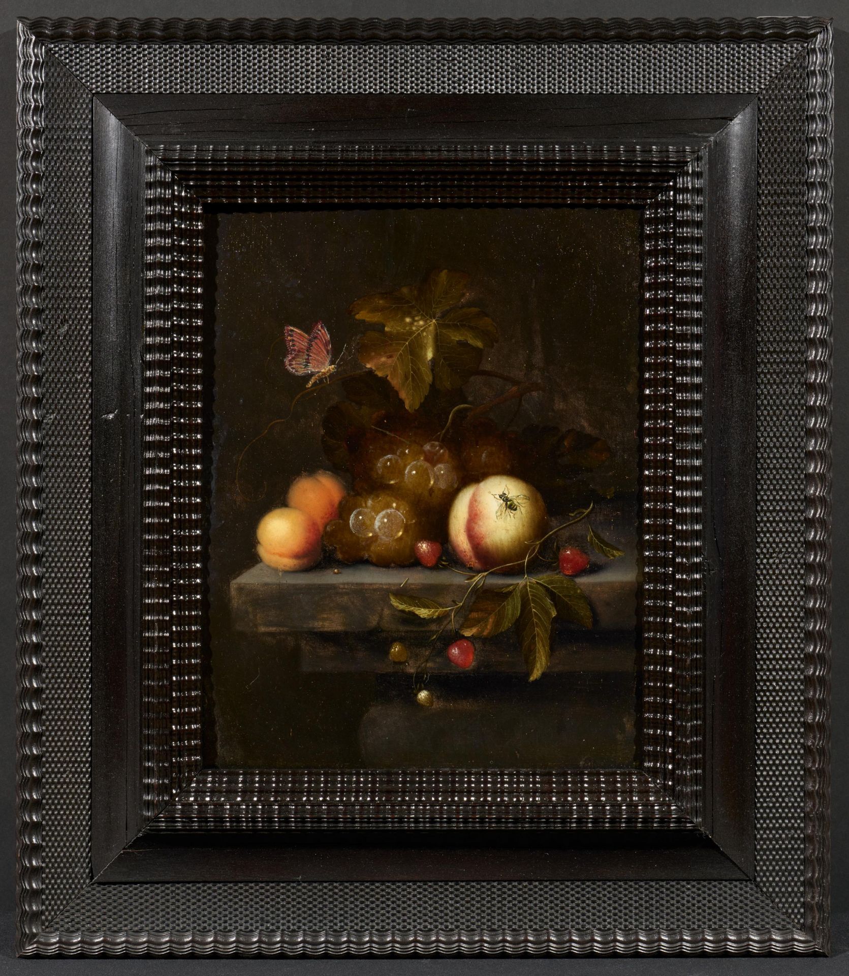 Johannes Borman. Still Life with Grapes, Peaches and a Cherry Branch Lying on a Parapet - Image 2 of 4