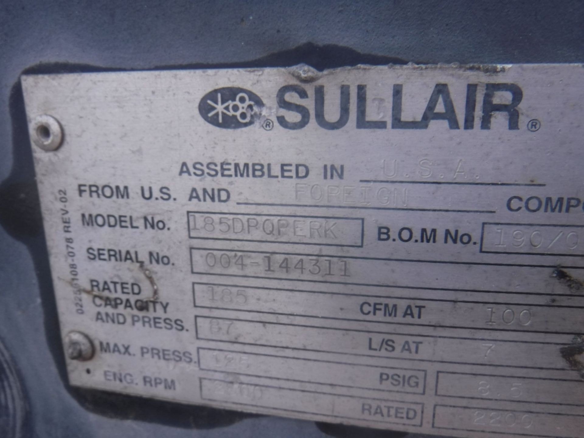 Sullair 185DPDPERK 185 CFM Air Compressor, - Image 18 of 18
