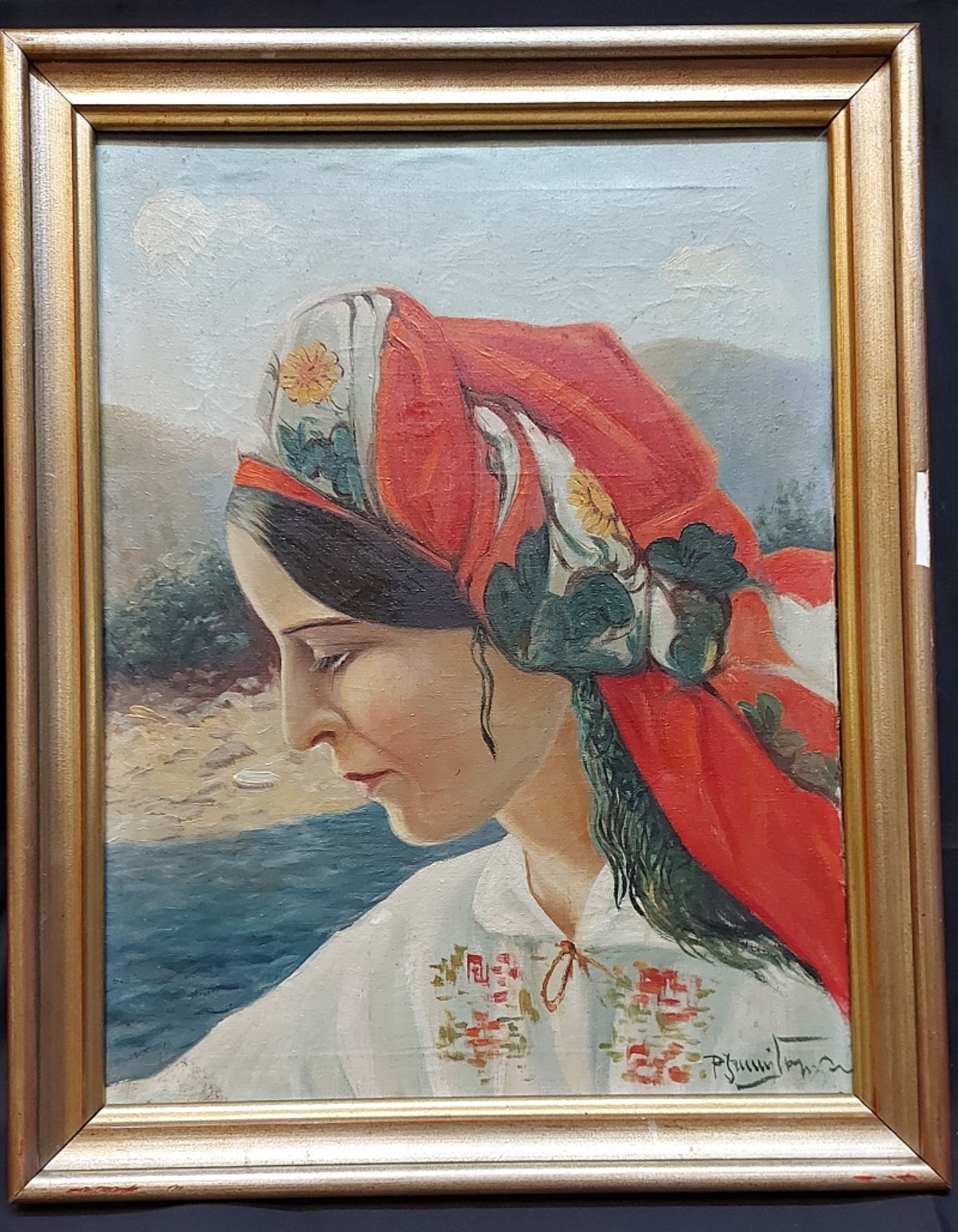 Altes Ölbild Frau in ungarischer Tracht sign., auf Keilrahmen gespannt - Bild 3 aus 9