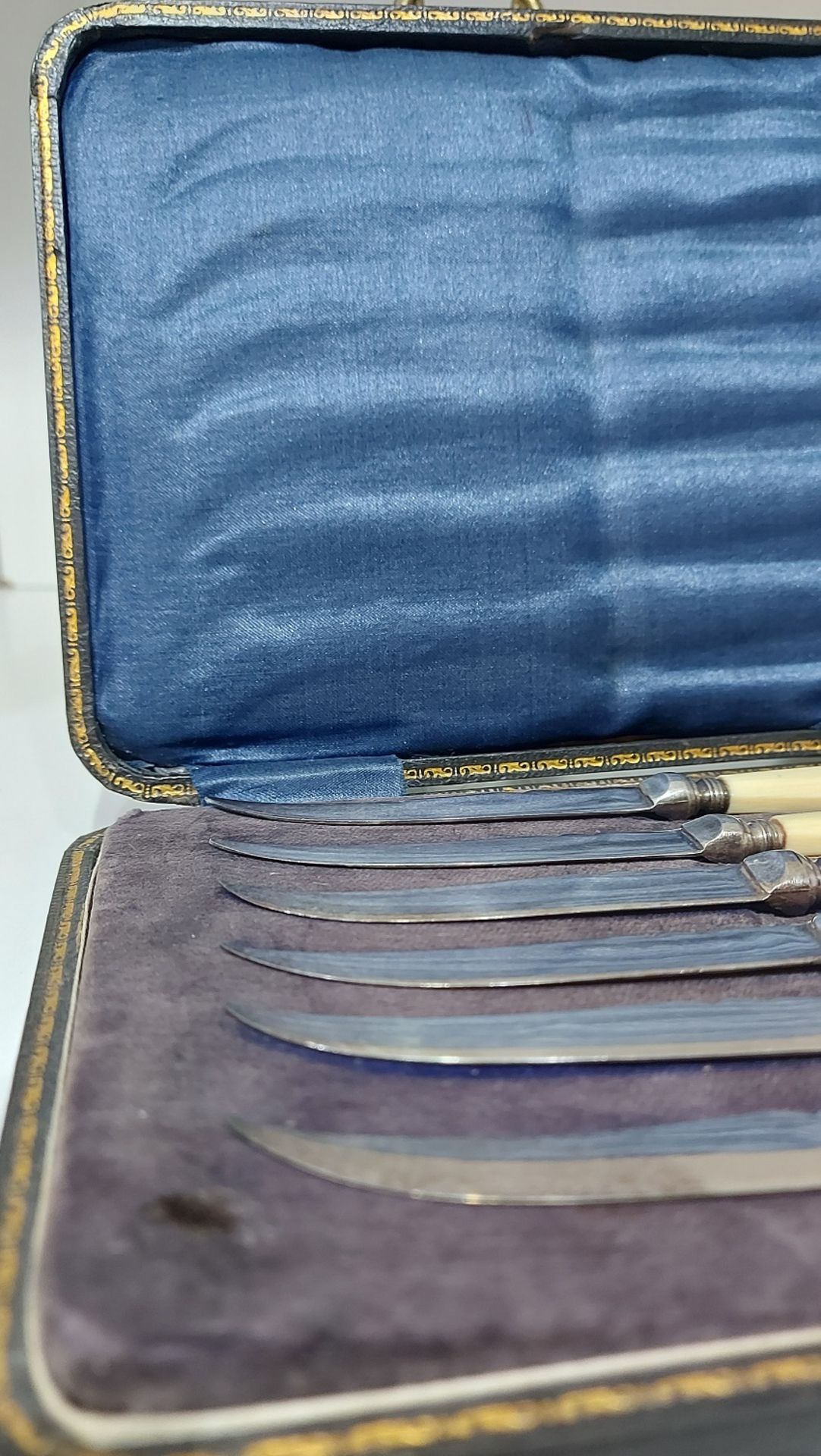 6 Stk. antike Obstmesser Bein Art Deco in orig. Schatulle - Bild 4 aus 6