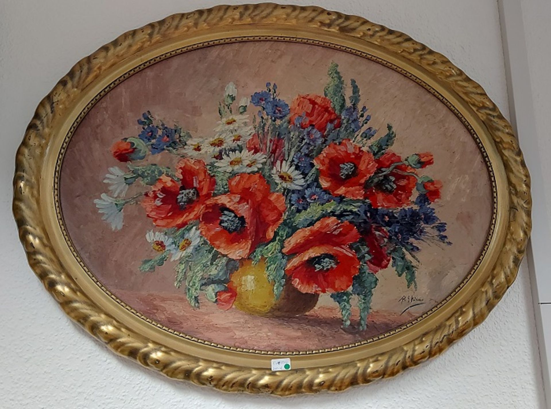 Ölgemälde Sommerstrauß Feldblumenstilleben ovaler Rahmen 90x73cm unbek. Maler - Bild 4 aus 4