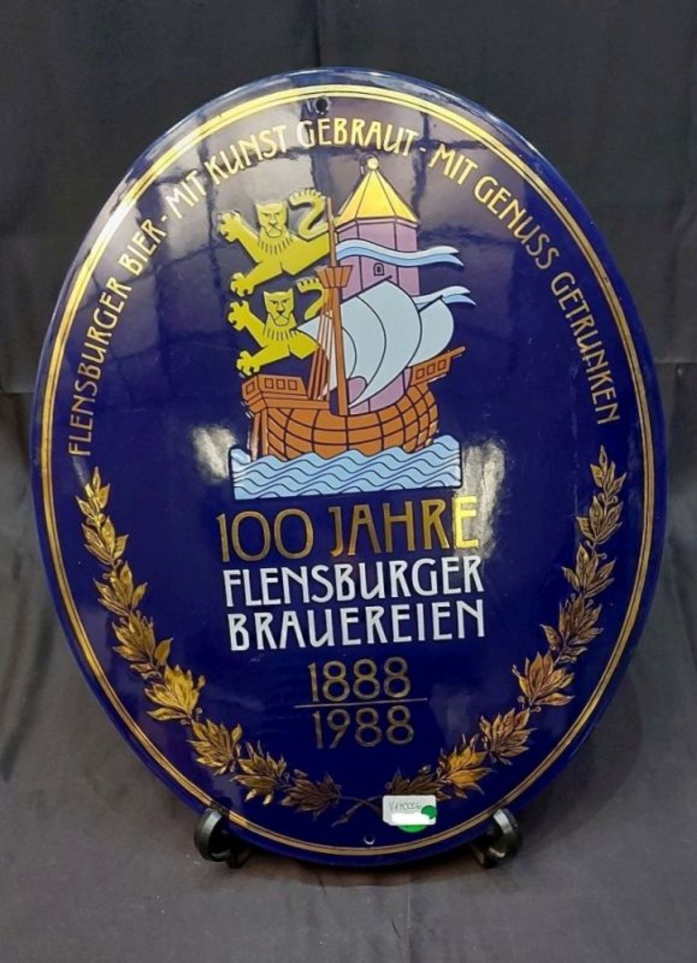 Altes Emailleschild "100 Jahre Flensburger Brauereien 1888 - 1988" Original 1988