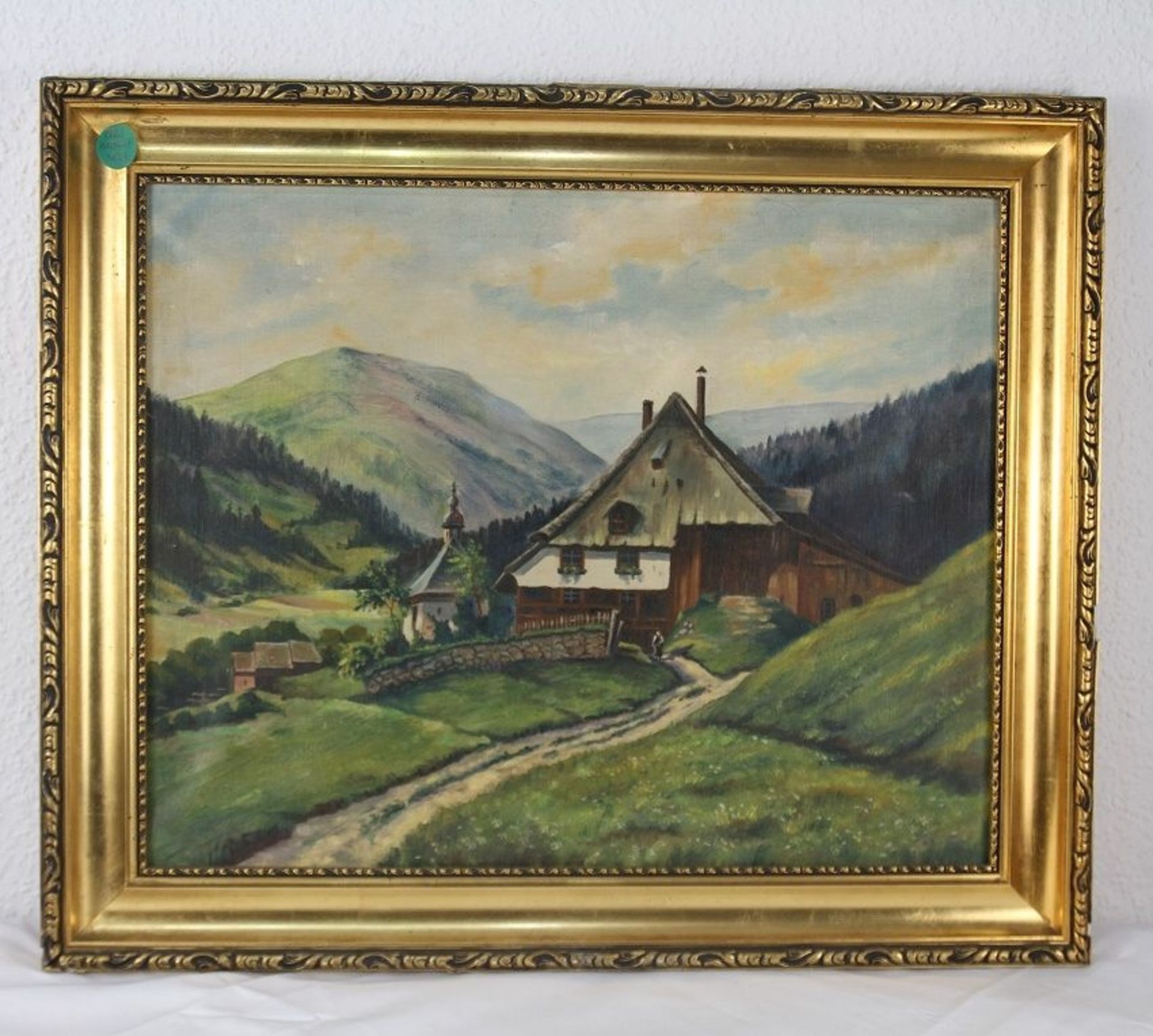 Altes Ölgemälde auf Leinwand im Rahmen 60 x 72cm Alpenmotiv Bauernhof Kapelle