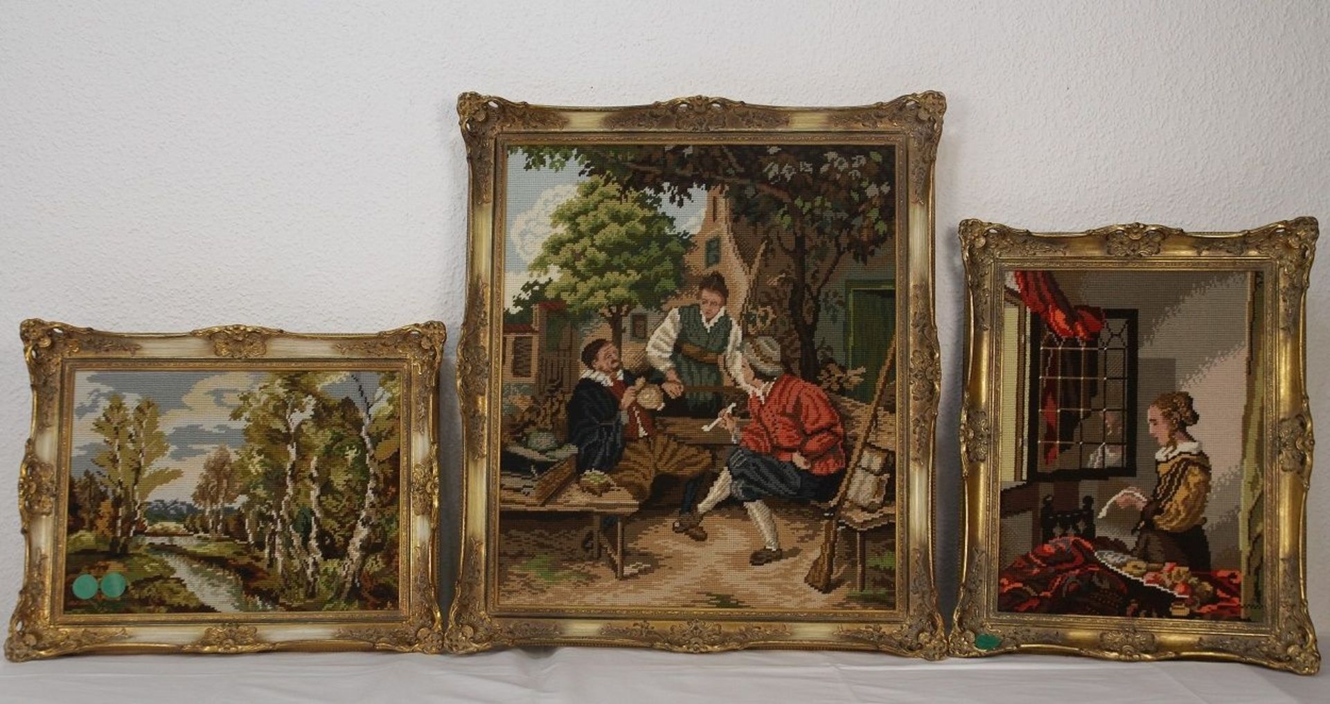 Trio alte Gobelin Stickbilder mit Prunkrahmen Barockrahmen