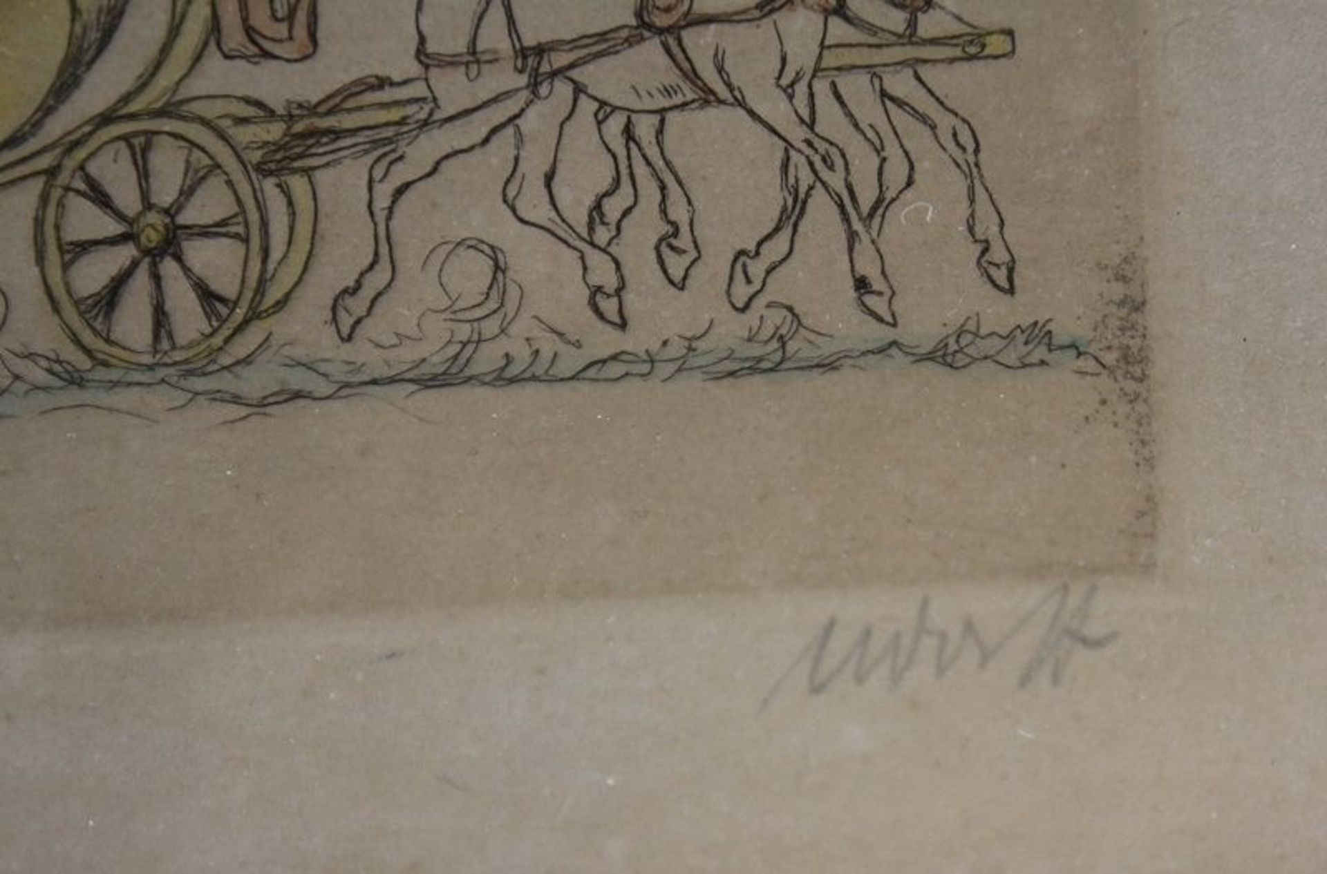 Alte Zeichnung Kutsche unbek. Signatur gerahmt - Bild 3 aus 4