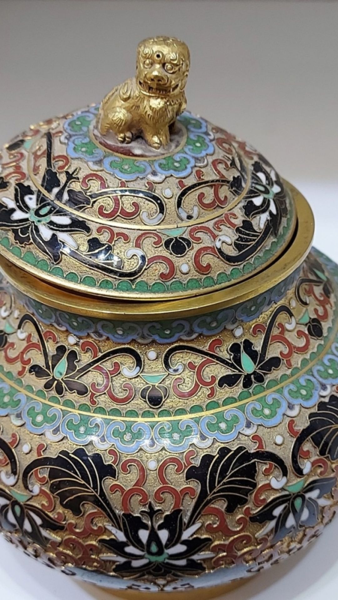 Alte chin. Cloisonne Deckeldose Löwenknauf - Bild 6 aus 6