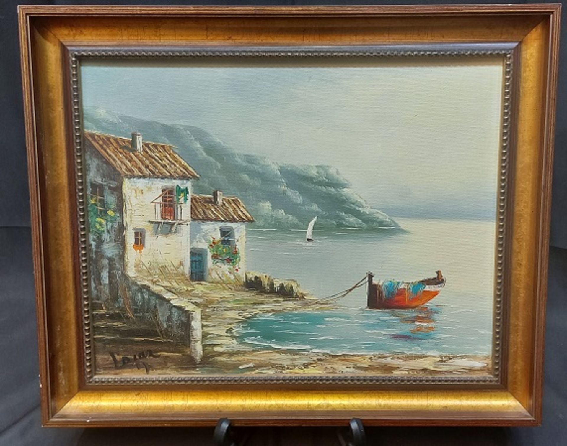 Schönes altes Ölbild Motiv Haus am Meer ital. - Bild 5 aus 7