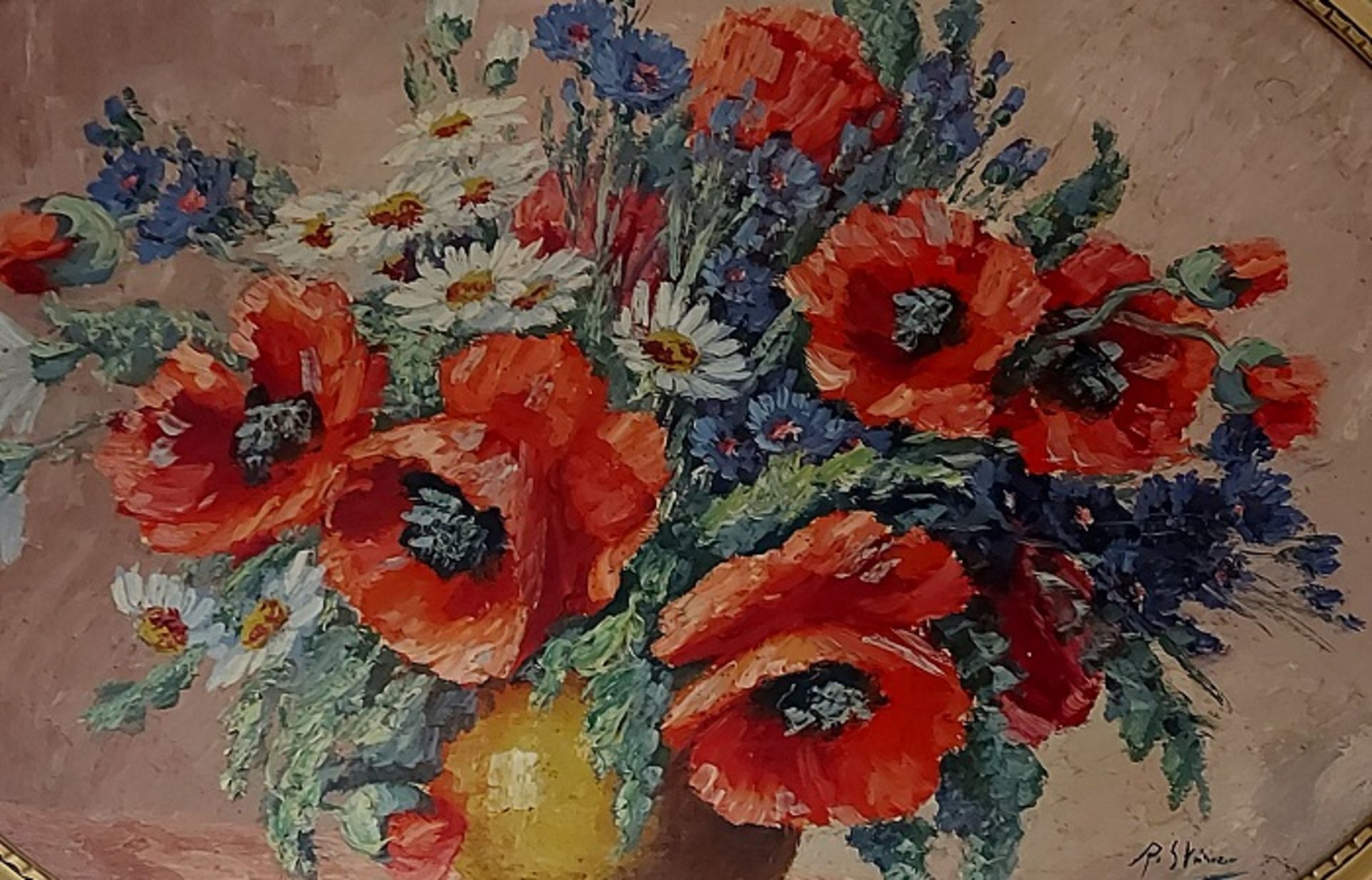 Ölgemälde Sommerstrauß Feldblumenstilleben ovaler Rahmen 90x73cm unbek. Maler - Bild 2 aus 4