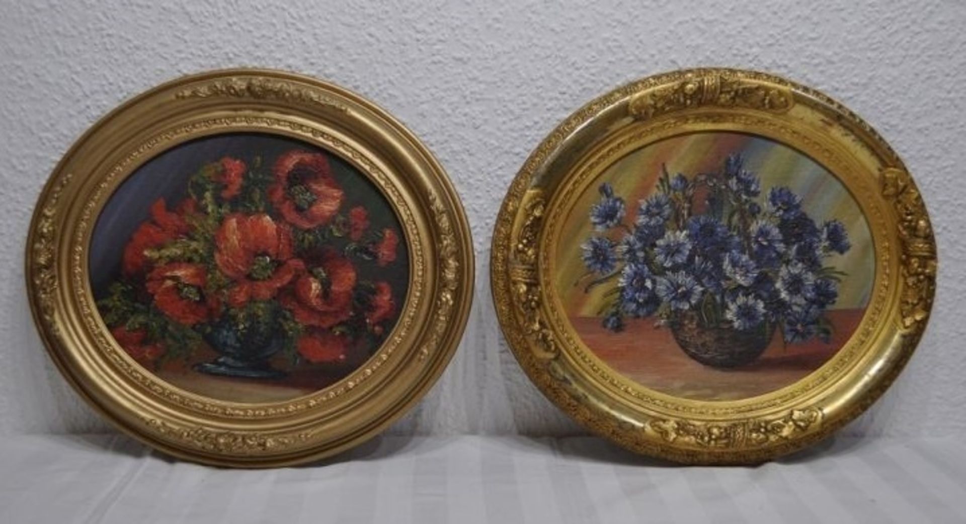 2 Ölgemälde Blumen Ölbilder oval im Prunkrahmen