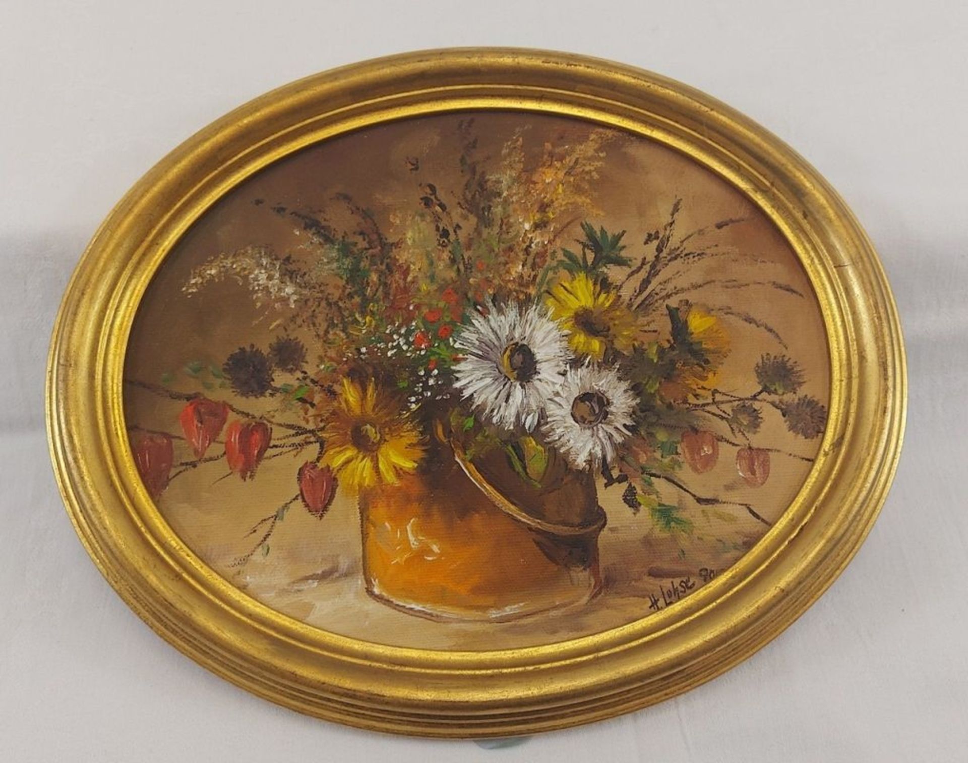 Ölgemälde Gemälde Bild sign. Herbet Lohse oval mit Blumen ,ca 35x29cm - Bild 4 aus 6