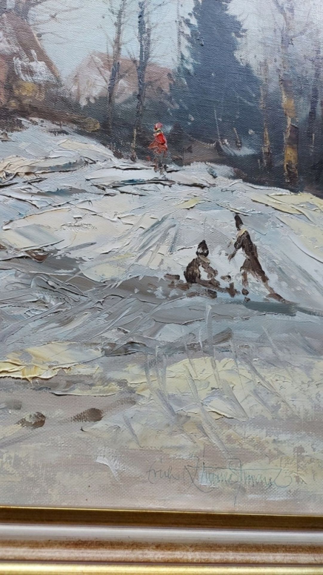 Erich Zimmermann Ölgemälde Gut Sandbeck Winterlandschaft spielende Kinder - Bild 2 aus 7