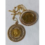 Konvolut Münzanhänger mit Kette, plus Brosche, Münze 986er Gold, Kette und Fassung 750er GG, 18k, Ge