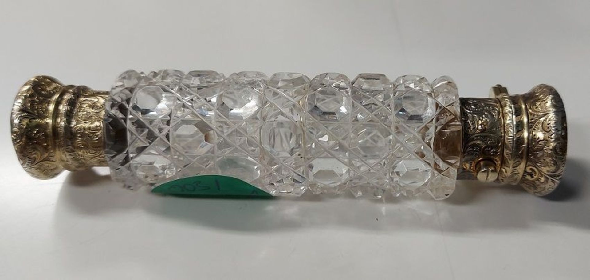 Antiker Kristallglas Parfumflakon doppelendig Messing versilbert