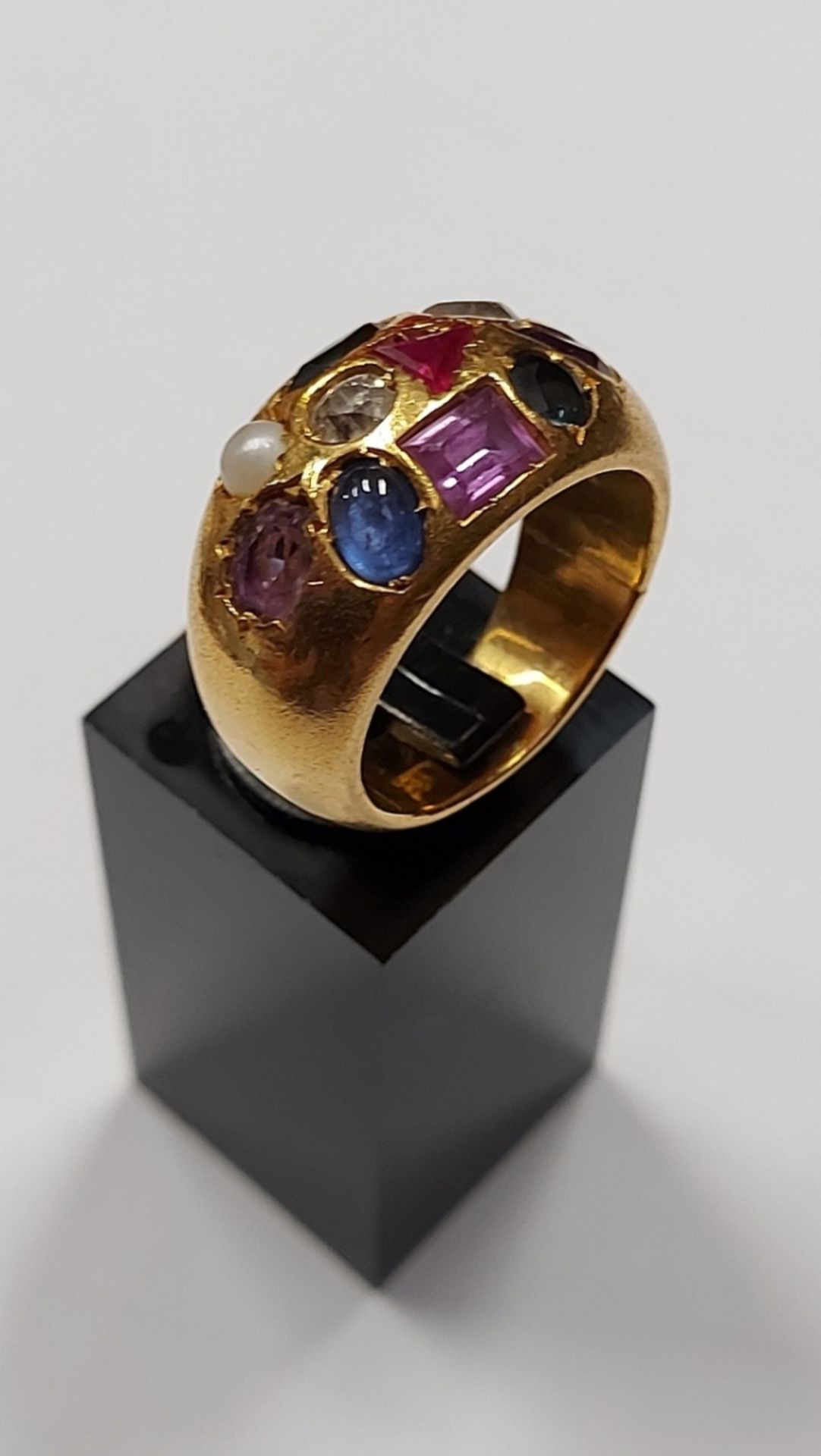 Massiver goldener Cocktail Ring u.a. Ameytist Turmalin Saphir Perle Rubin Altschliff-Diamant
