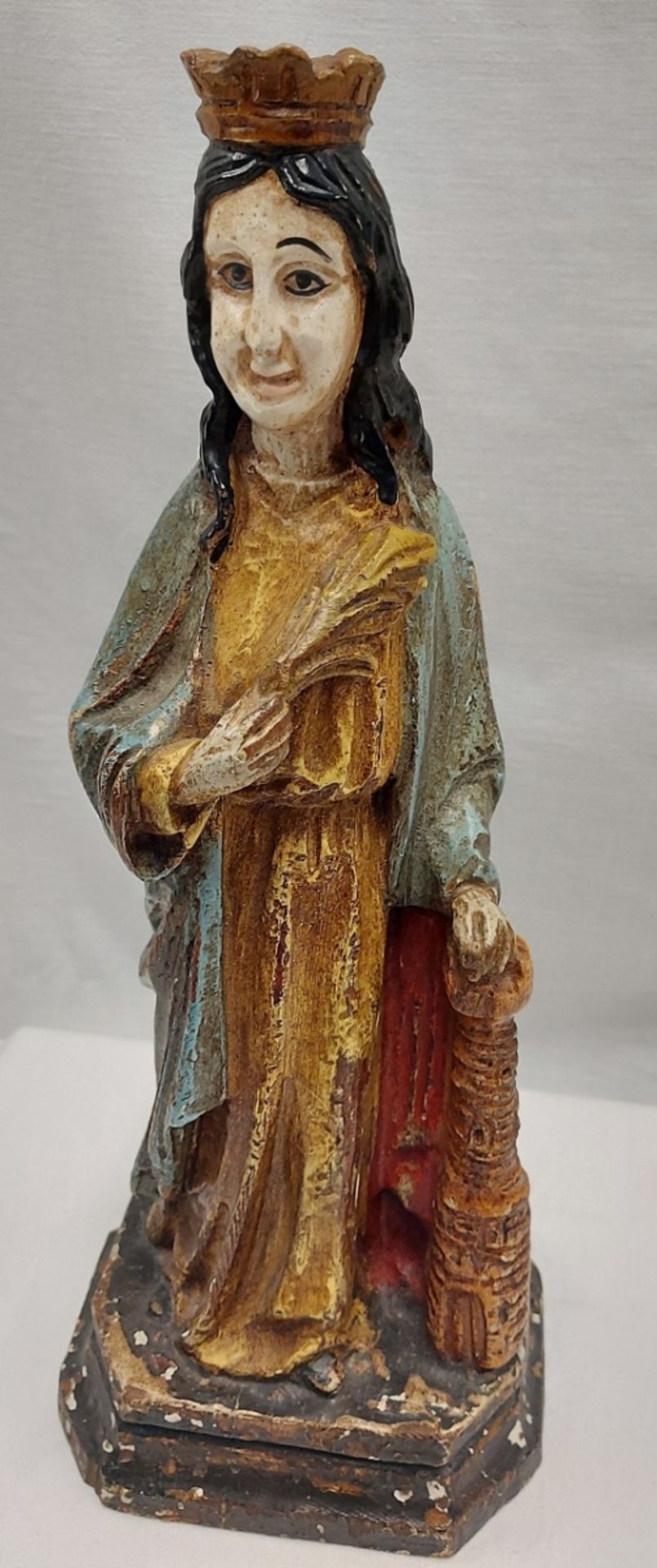 Antike Holzfigur Heiligenfigur Hl. Barbara - Bild 9 aus 9