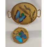 Set antikes Tablett und passendet Untersetzer Schmetterlinge Art Deco