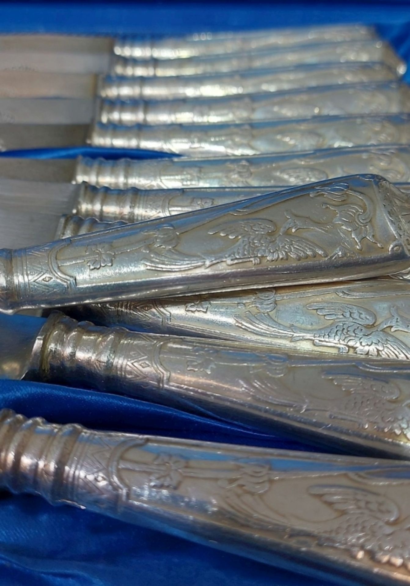 12 antike Jugendstil Silber 800 Messer Vogeldekor Kolibri Punze Argonid G.N - Bild 4 aus 9