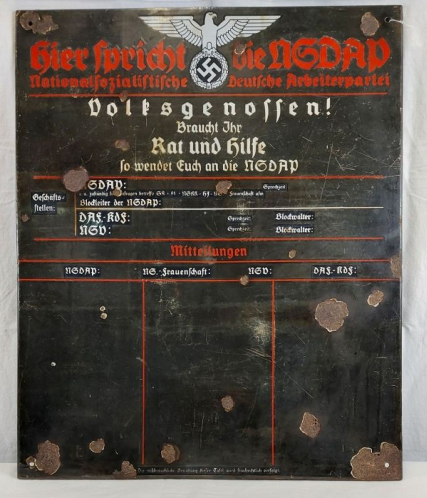 WKII Emaille-Schild "Deutsche Volkspartei" Infotafel