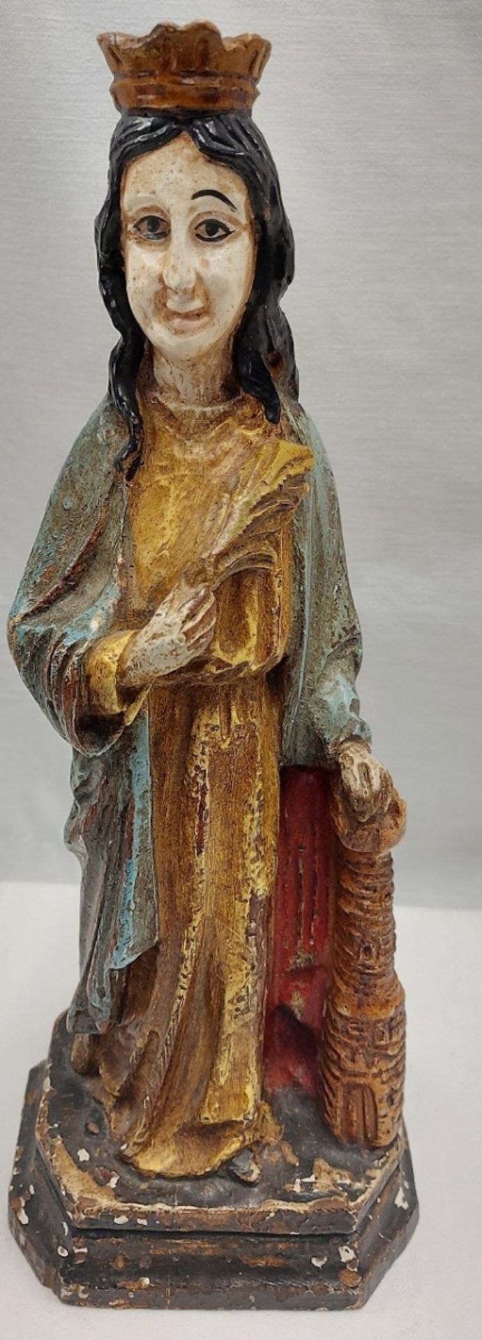Antike Holzfigur Heiligenfigur Hl. Barbara - Bild 8 aus 9