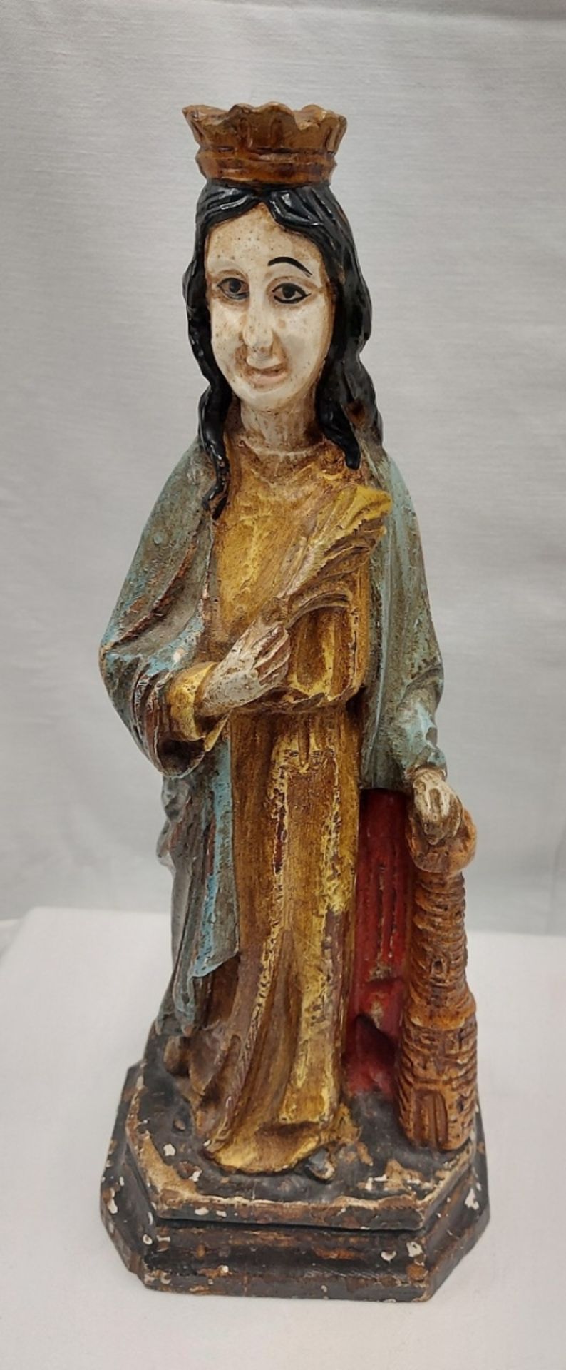 Antike Holzfigur Heiligenfigur Hl. Barbara - Bild 6 aus 9