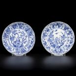 A set of (2) porcelain angled plates with rock, birds and prunus decor, China, Kangxi.