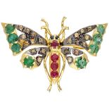 Gold plated sterling silver butterfly brooch set with diamond, emerald, ruby and sapphire.