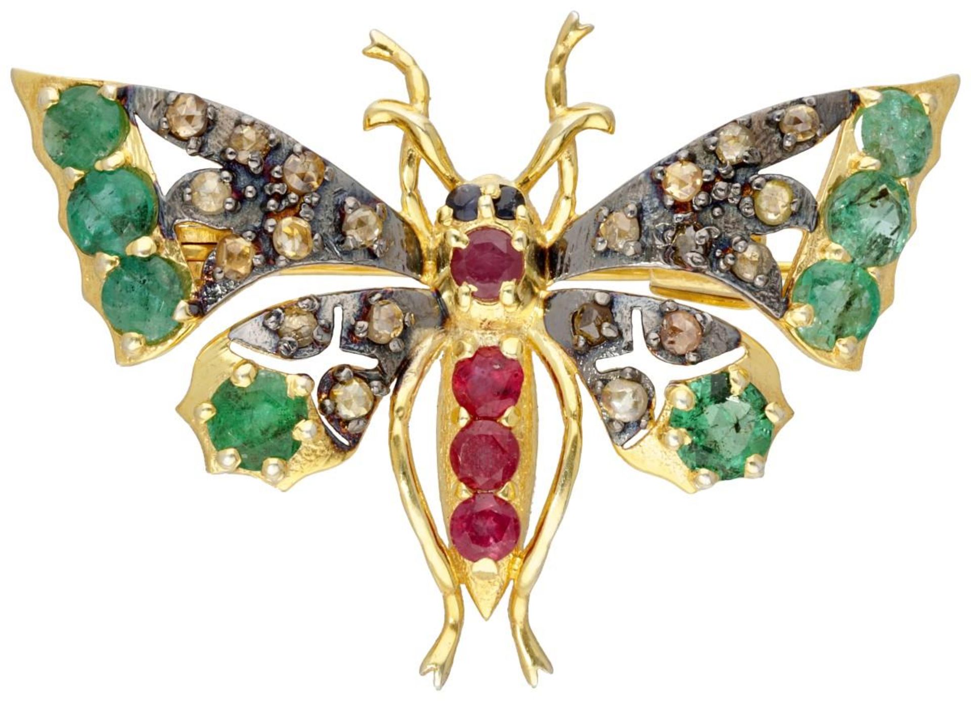 Gold plated sterling silver butterfly brooch set with diamond, emerald, ruby and sapphire.