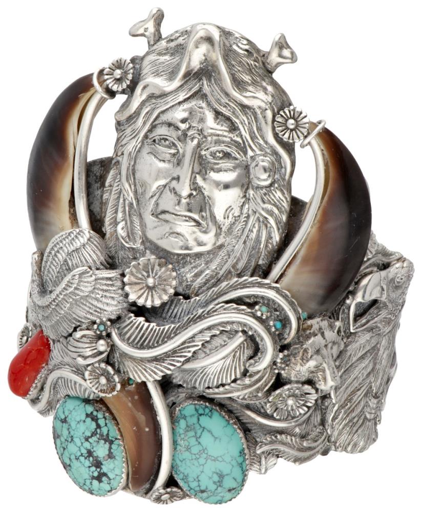 Géza Aranyos sterling silver Native American arm cuff with bear claw, turquoise and red coral. - Image 2 of 16
