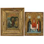 A lot comprising (2) various icons, a.w. a pilgrim on pilgrimage and an enthroned Madonna, ca. 1900.