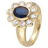 18K. Yellow gold cluster ring set with approx. 1.07 ct. natural sapphire and approx. 0.50 ct. diamon