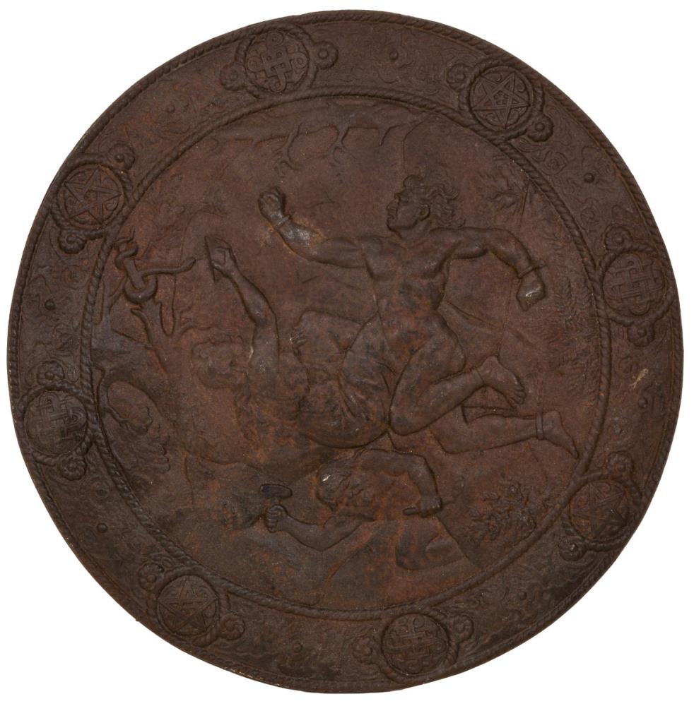 A cast iron wall plaquette with relief depicting Vulcanus chaining Prometheus to a rock, 20th centur
