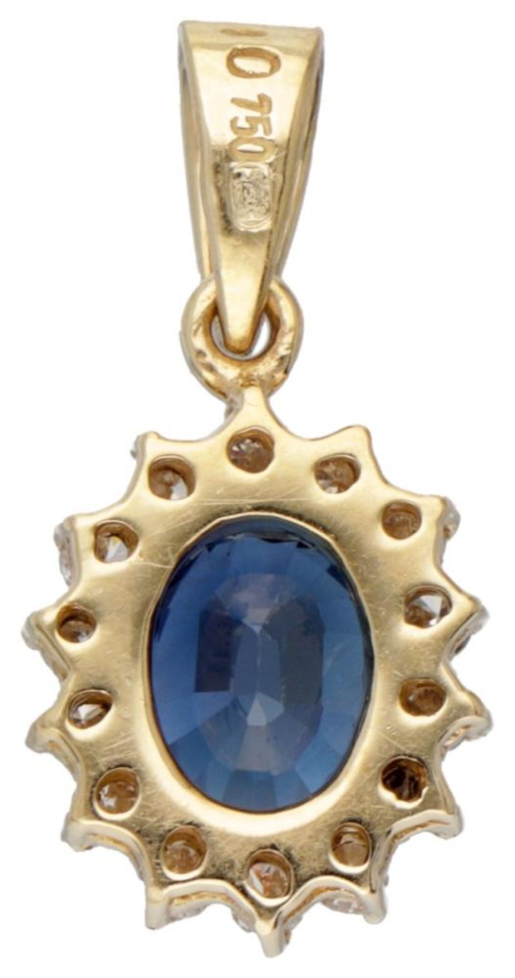 18K. Yellow gold cluster pendant set with approx. 1.26 ct. natural sapphire and approx. 0.14 ct. dia - Image 3 of 4