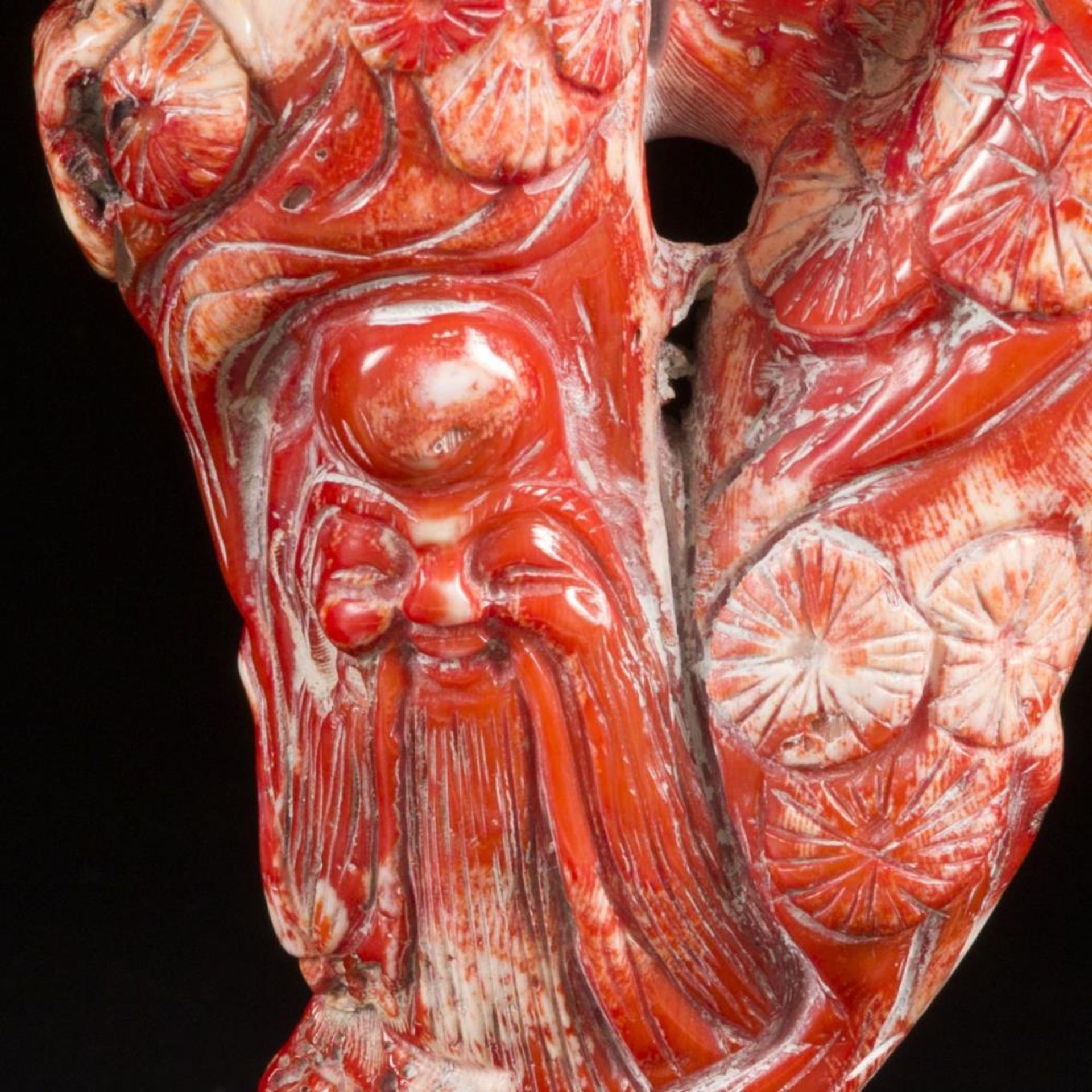 A blood coral carving depicting the face of a sage. China, 1st half 20th century. - Image 4 of 8