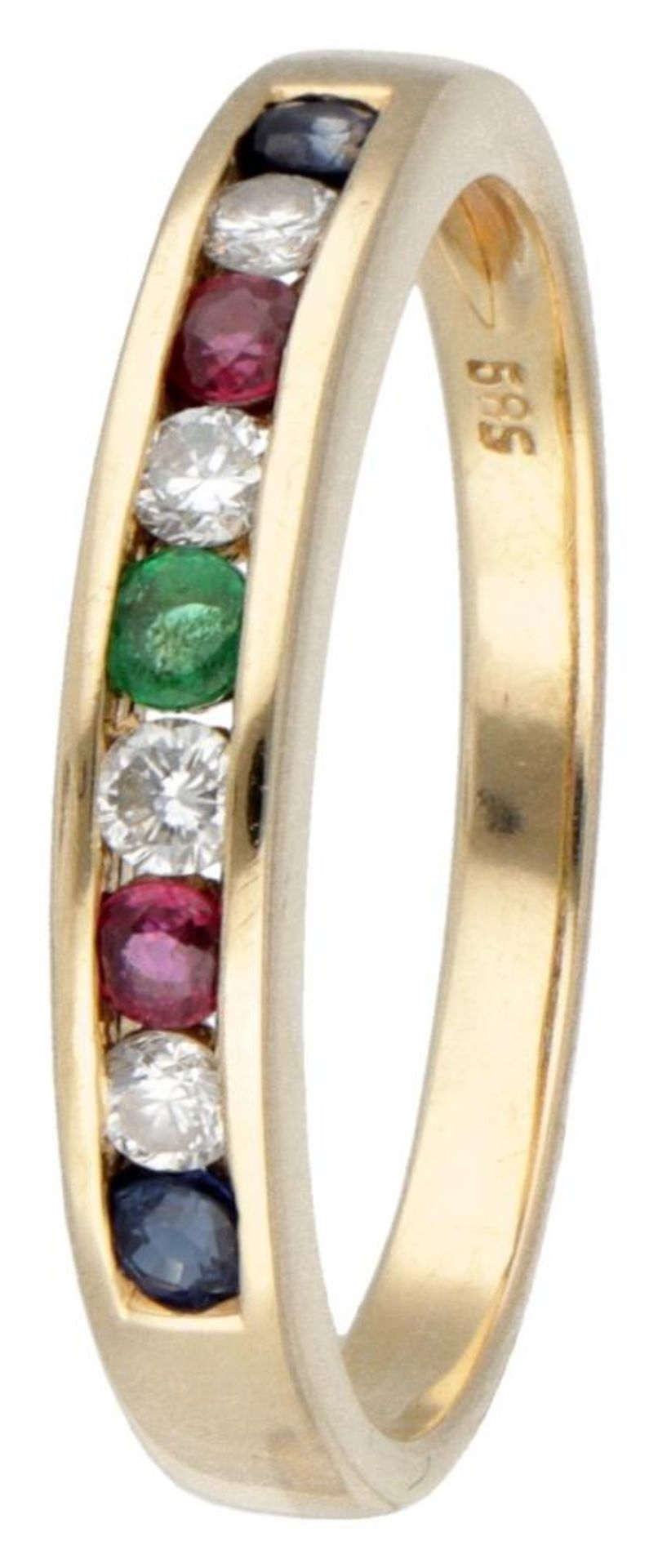 14K. Yellow gold alliance ring set with approx. 0.12 ct. diamond, ruby, sapphire and emerald. - Image 2 of 4