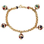 18K. Yellow gold link bracelet with five enamel charms.