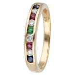 14K. Yellow gold alliance ring set with approx. 0.12 ct. diamond, ruby, sapphire and emerald.