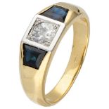 14K. Yellow gold ring set with approx. 0.38 ct. diamond and natural sapphire.