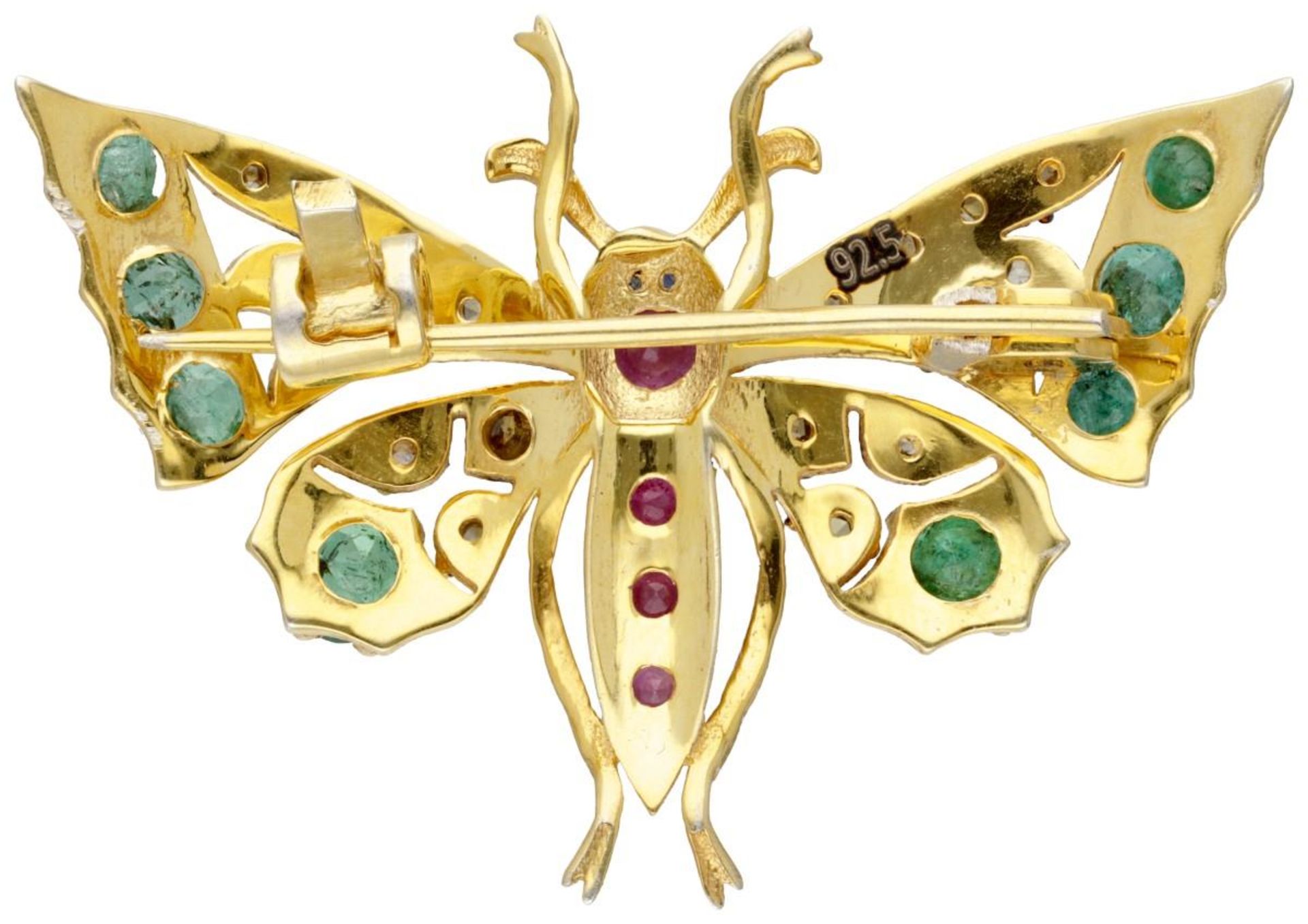 Gold plated sterling silver butterfly brooch set with diamond, emerald, ruby and sapphire. - Image 6 of 10