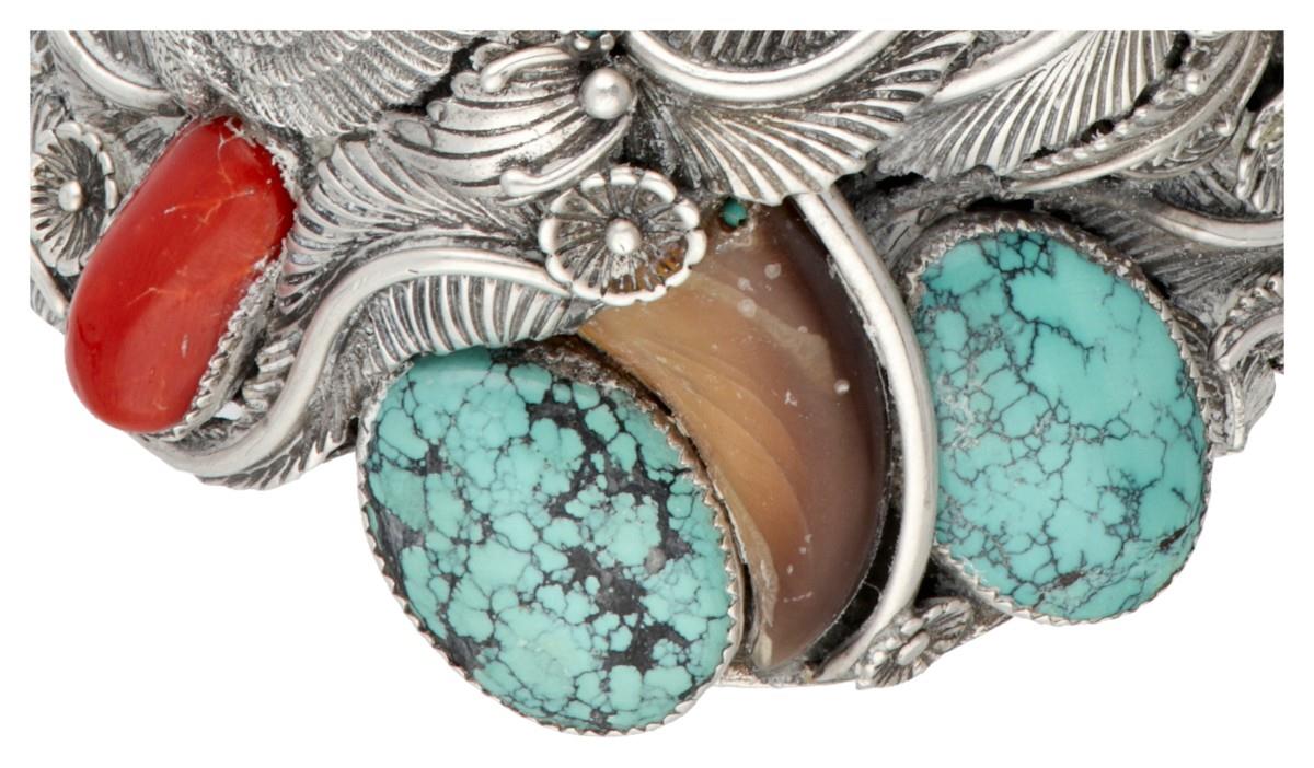 Géza Aranyos sterling silver Native American arm cuff with bear claw, turquoise and red coral. - Image 5 of 16