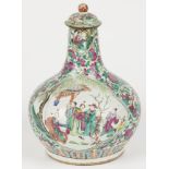 A porcelain stem vase with lid with Famille Rose decor and Chinese figures in the center, China, 1st