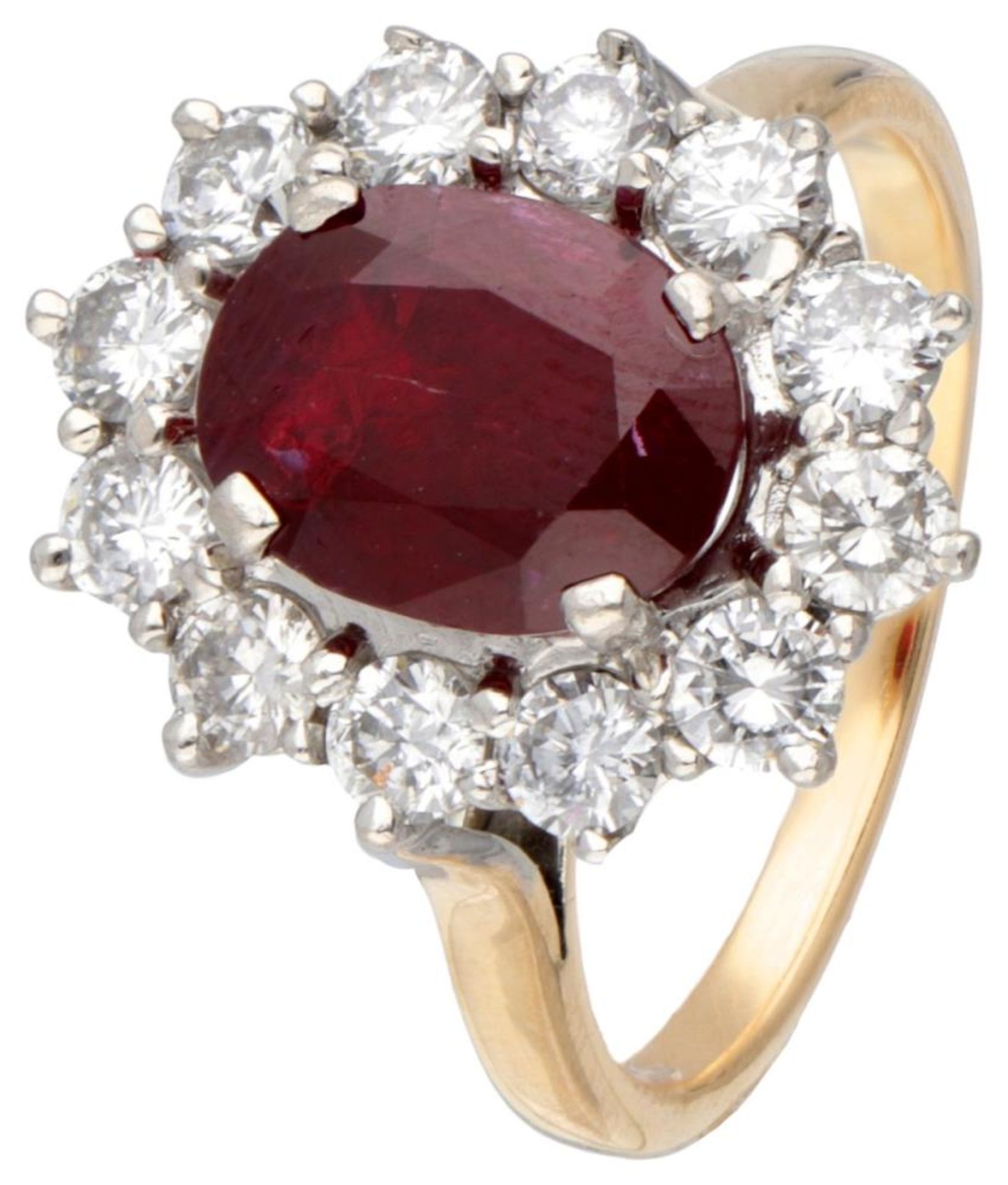 18K. Yellow gold entourage ring set with approx. 1.08 ct. diamond and ruby.