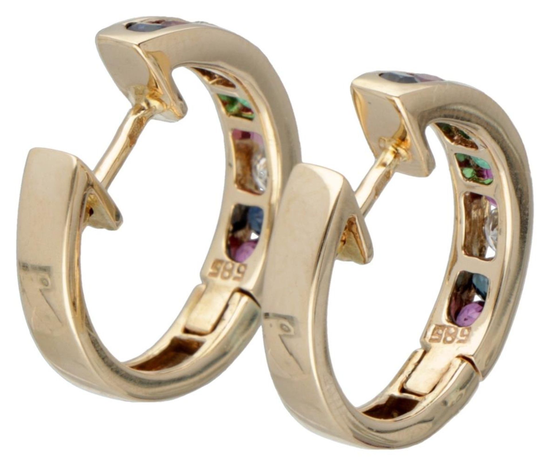 14K. Yellow gold earrings set with approx. 0.12 ct. diamond and ruby, sapphire and emerald. - Image 3 of 4